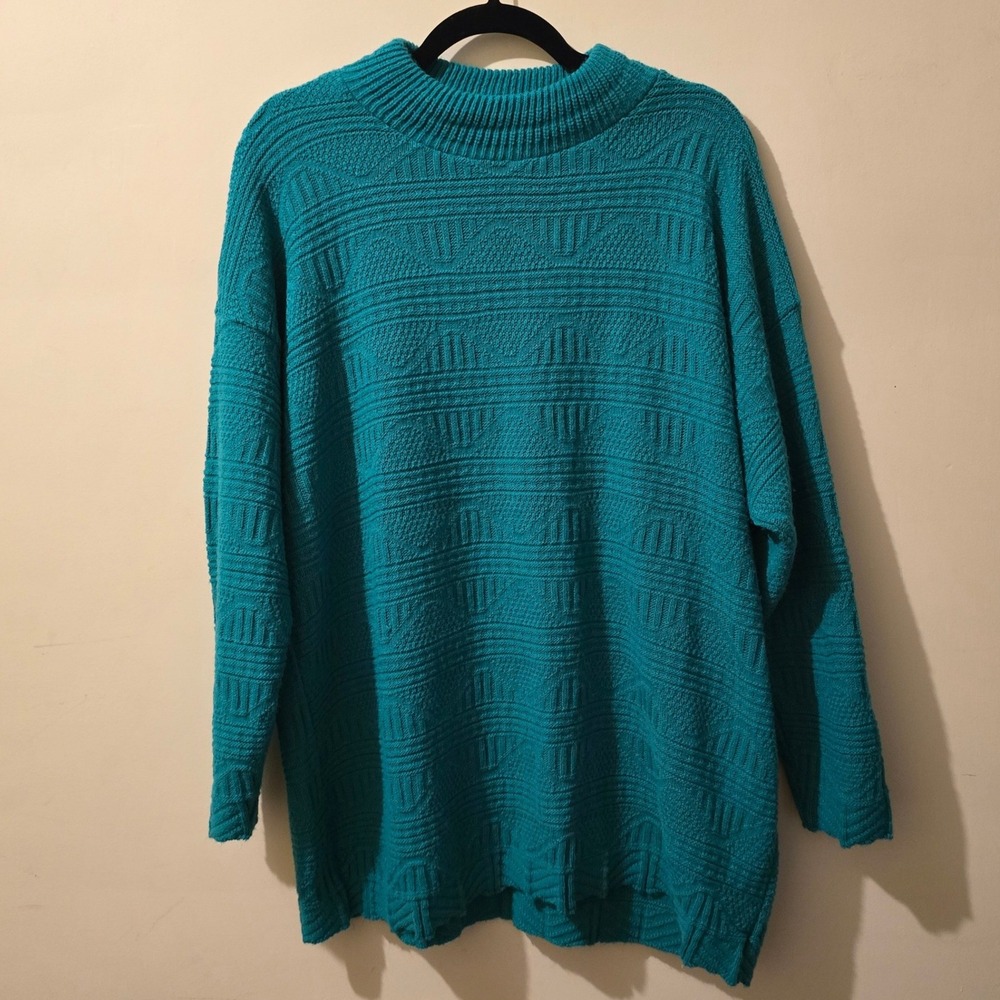 Vintage 90s Spunky Sweater Womens XL Teal Green Textured Knit Mock Neck Slouchy
